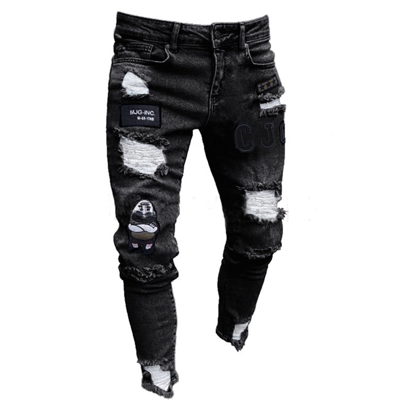 3 Styles Men Stretchy Ripped Skinny Biker Embroidery Print Jeans Destroyed Hole Taped Slim Fit Denim Scratched High Quality Jean 3 Styles Men Stretchy Ripped Skinny Biker Embroidery Print Jeans Destroyed Hole Taped Slim Fit Denim Scratched High Quality Jean