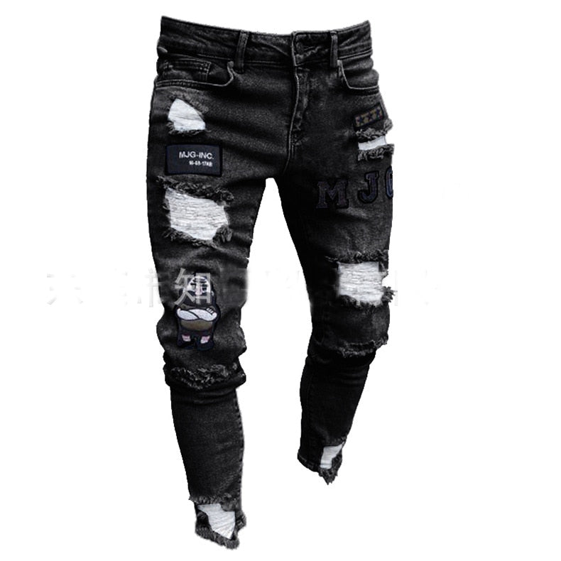 3 Styles Men Stretchy Ripped Skinny Biker Embroidery Print Jeans Destroyed Hole Taped Slim Fit Denim Scratched High Quality Jean 3 Styles Men Stretchy Ripped Skinny Biker Embroidery Print Jeans Destroyed Hole Taped Slim Fit Denim Scratched High Quality Jean