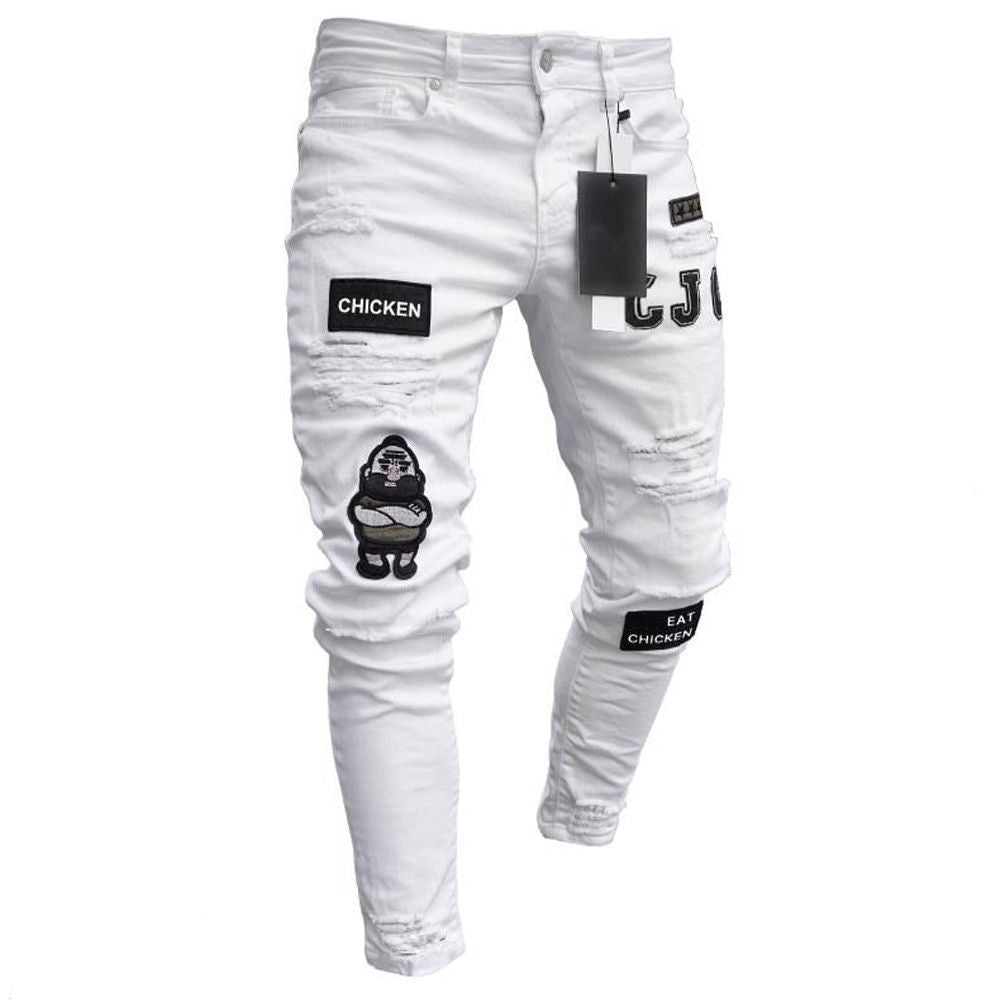 3 Styles Men Stretchy Ripped Skinny Biker Embroidery Print Jeans Destroyed Hole Taped Slim Fit Denim Scratched High Quality Jean 3 Styles Men Stretchy Ripped Skinny Biker Embroidery Print Jeans Destroyed Hole Taped Slim Fit Denim Scratched High Quality Jean