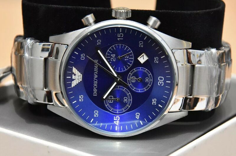 NEW Emporio Armani Stainless Blue Dial Chronograph Mens Watch AR5860 RRP £325 NEW Emporio Armani Stainless Blue Dial Chronograph Mens Watch AR5860 RRP £325