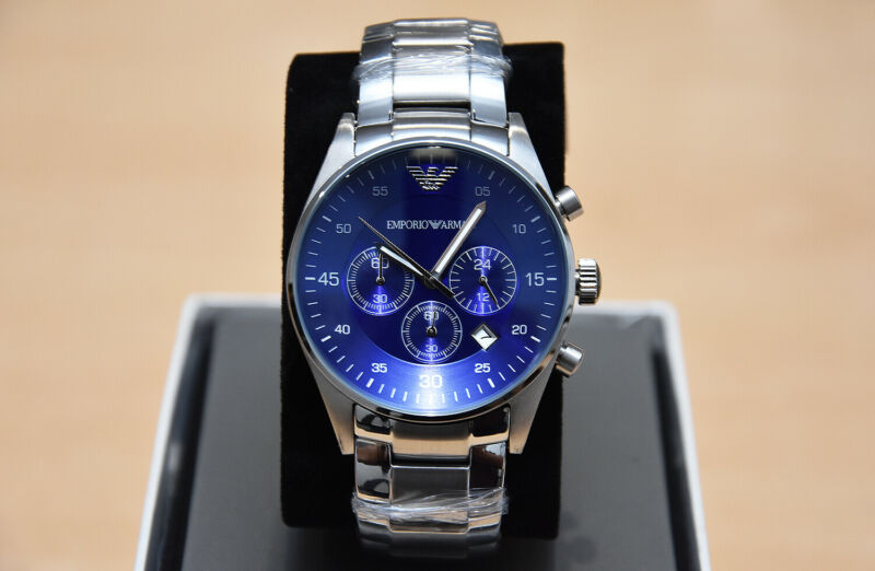 NEW Emporio Armani Stainless Blue Dial Chronograph Mens Watch AR5860 RRP £325 NEW Emporio Armani Stainless Blue Dial Chronograph Mens Watch AR5860 RRP £325